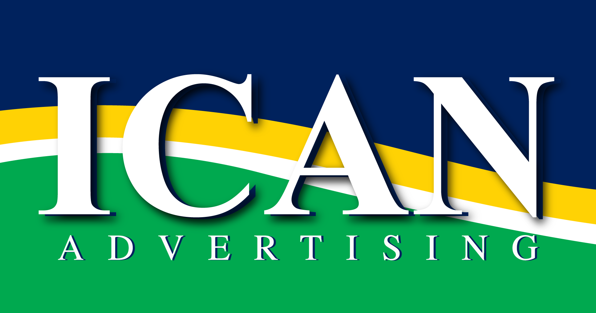 Four wavy stripes of navy, yellow, white, and green are in the background with white text on top that reads "ICAN Advertising".