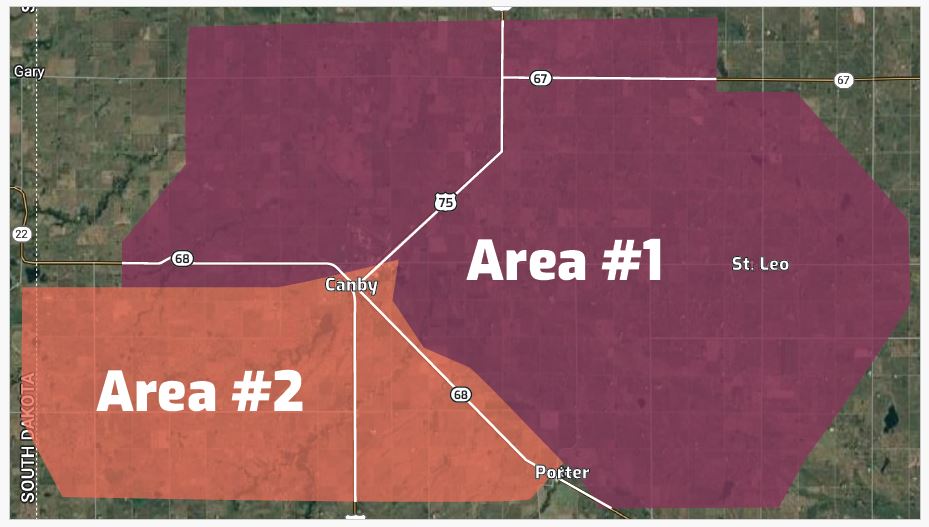 A map of the Yellow Medicine County West expansion project status, depicting areas one and two.