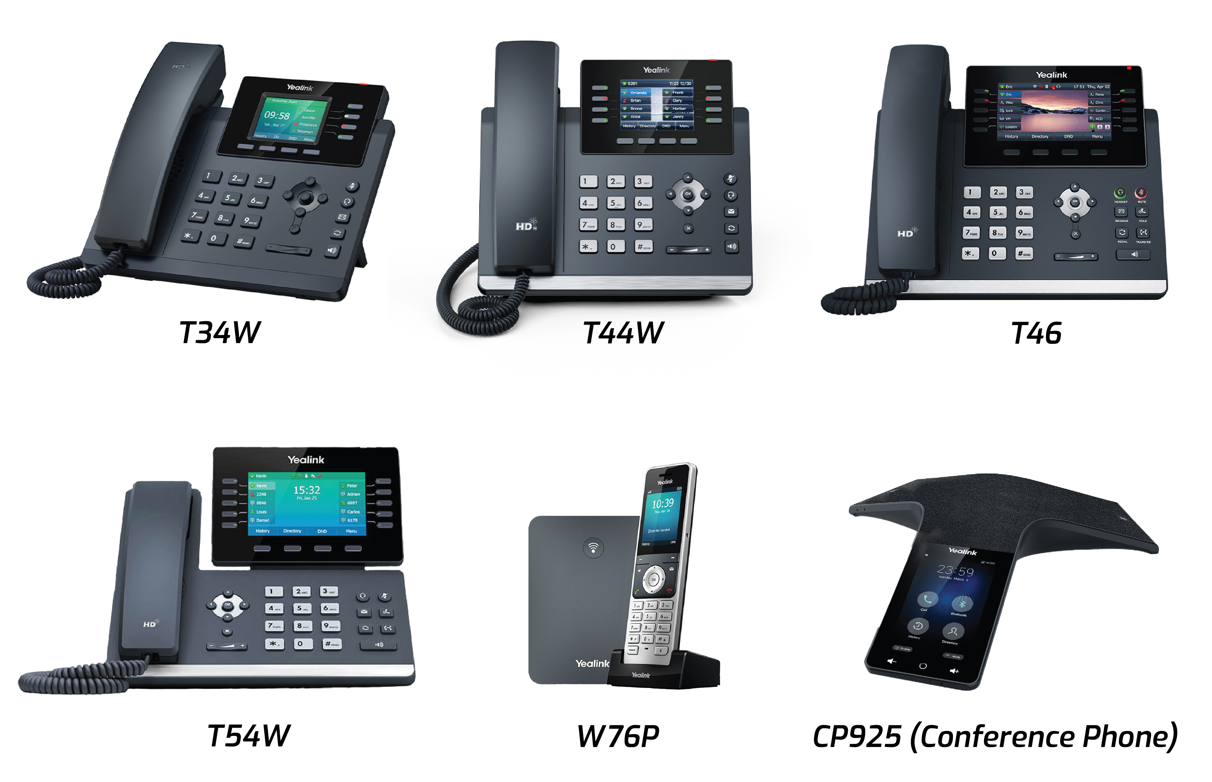 Six options for Hosted Voice phones are presented—five of them for desks, and one for conference rooms.