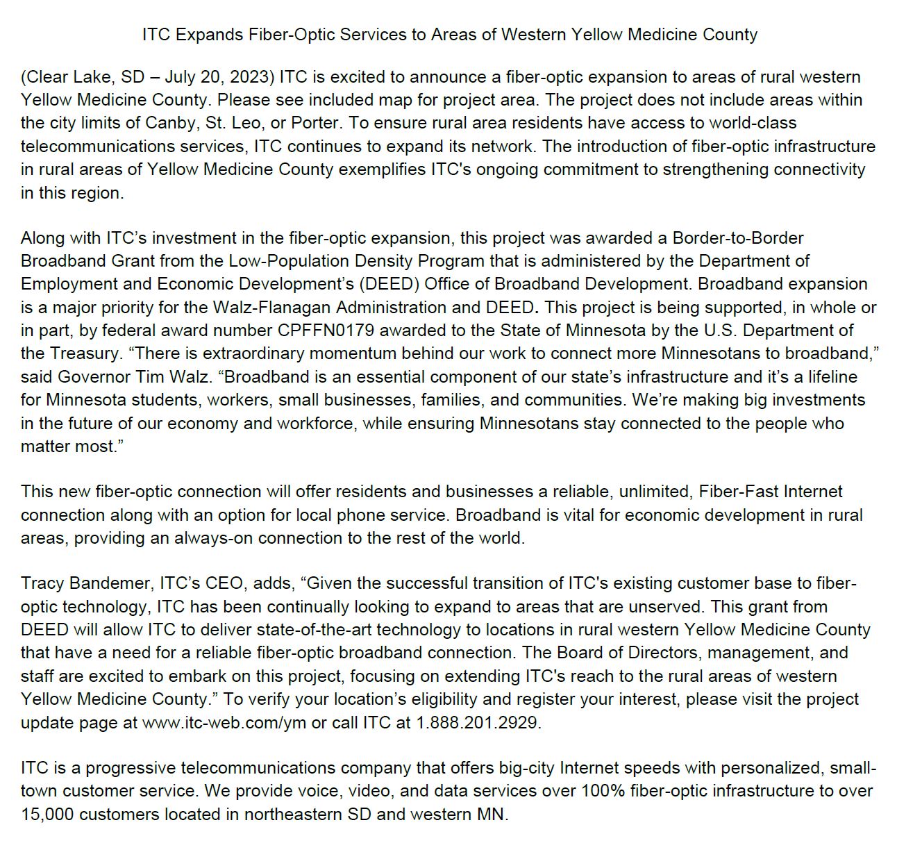 First press release from July 20, 2023 telling about the upcoming expansion project in Western Yellow Medicine County/Rural Canby, Minnesota.