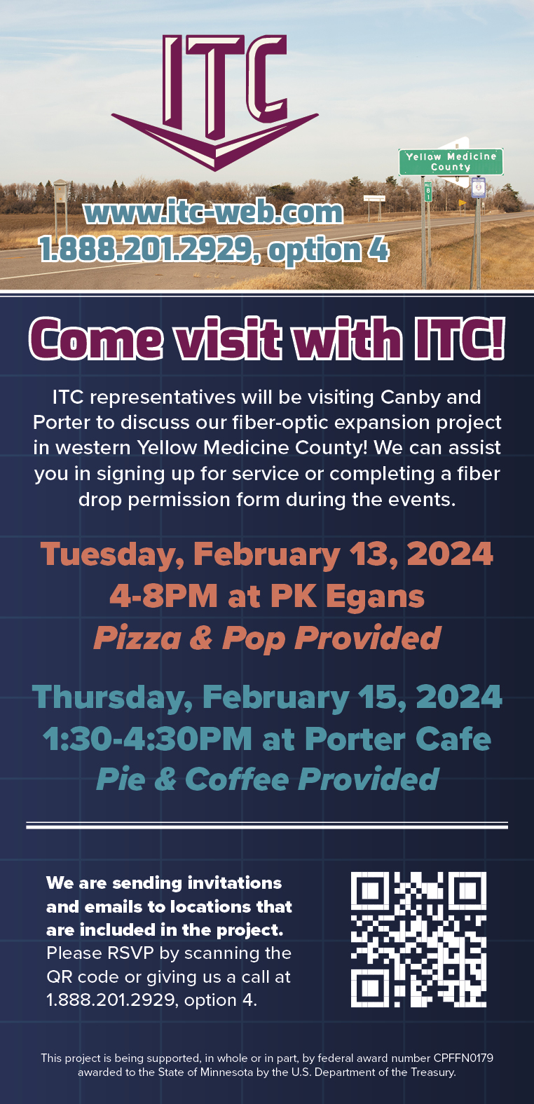 A newspaper ad telling people to come visit with ITC at their upcoming events about the expansion project in rural Canby.