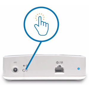 Back side of a short, white router with a graphic pointing to a button to press on the back.