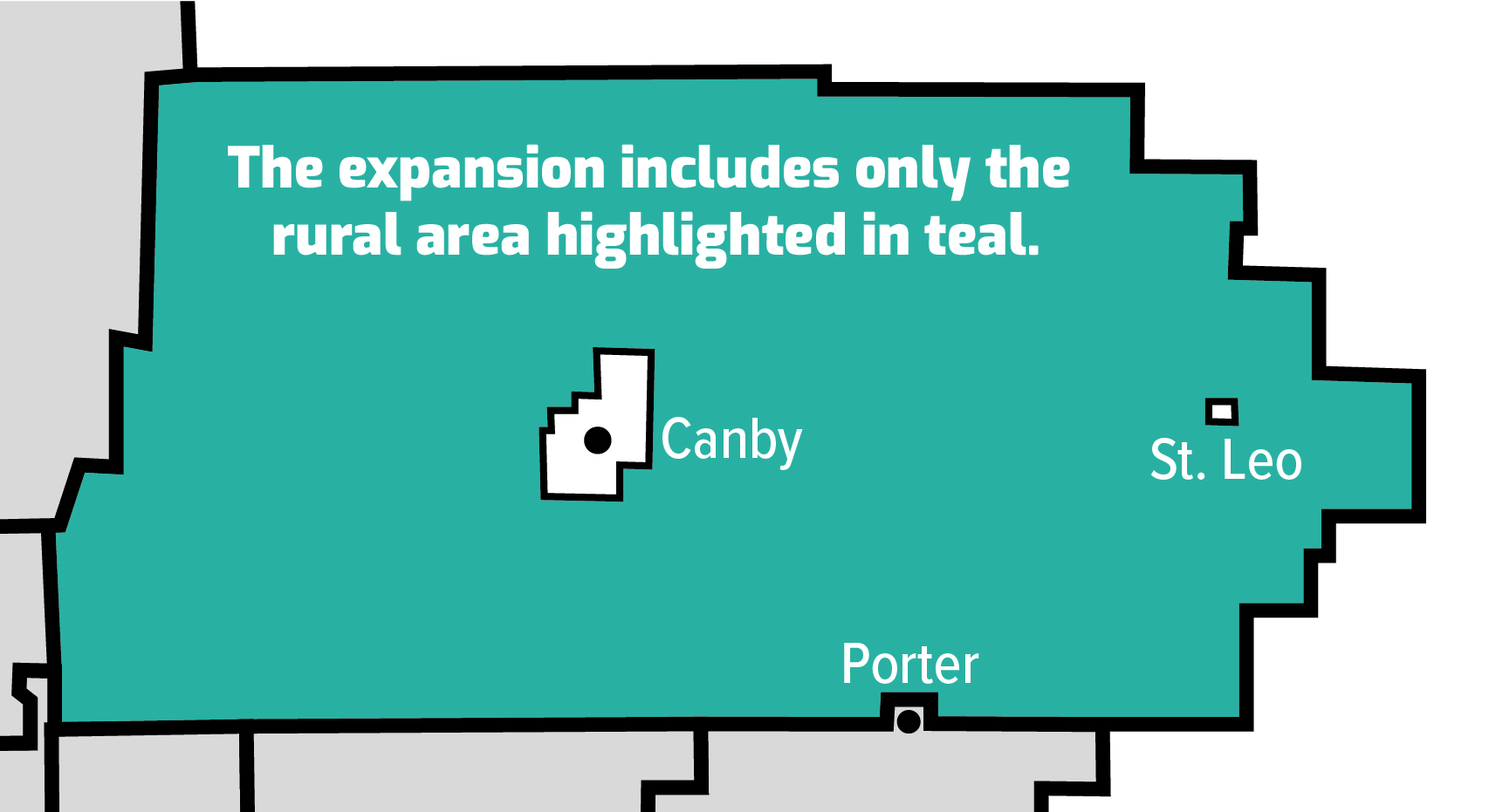 Yellow Medicine County West/Rural Canby expansion area Map of the rural Canby expansion area.