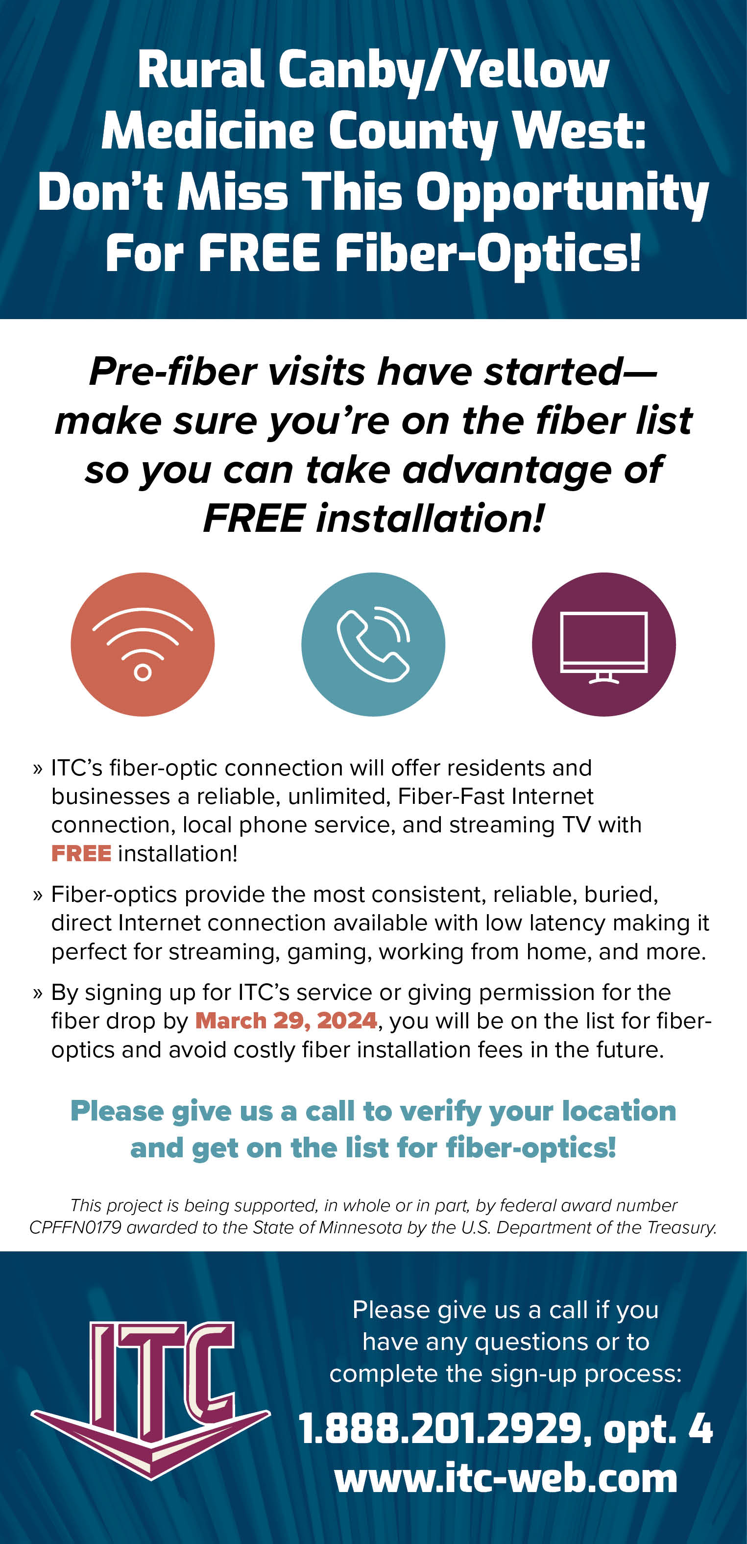 An ad for the Yellow Medicine expansion project telling readers that pre-fiber visits have started, and to take advantage of the opportunity to get fiber-optics plowed to them. 